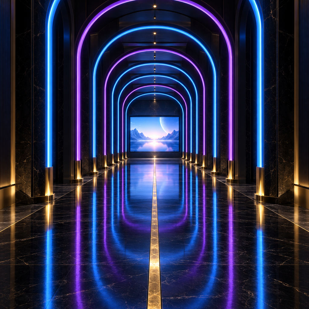 Neon arch corridor – luxury digital artwork for the Graphite Access Plan 12 Months IPTV subscription