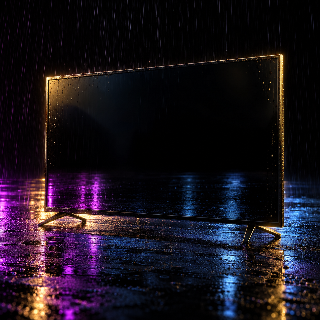 Large screen on a reflective black floor – luxury digital artwork for the Pulse Access Plan 1 Month IPTV subscription