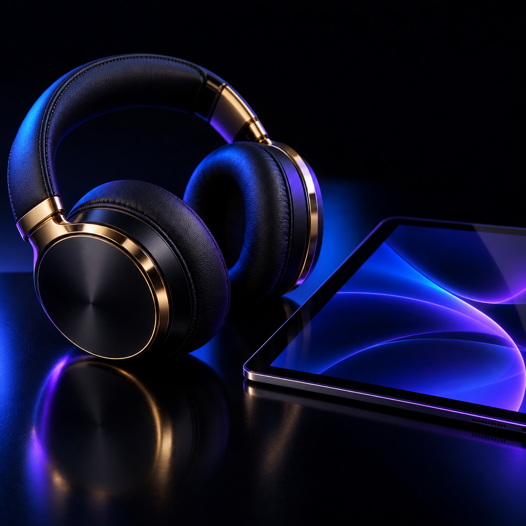 Headphones tablet – luxury digital artwork for the Orbit Cinema Pass 6 Months IPTV subscription