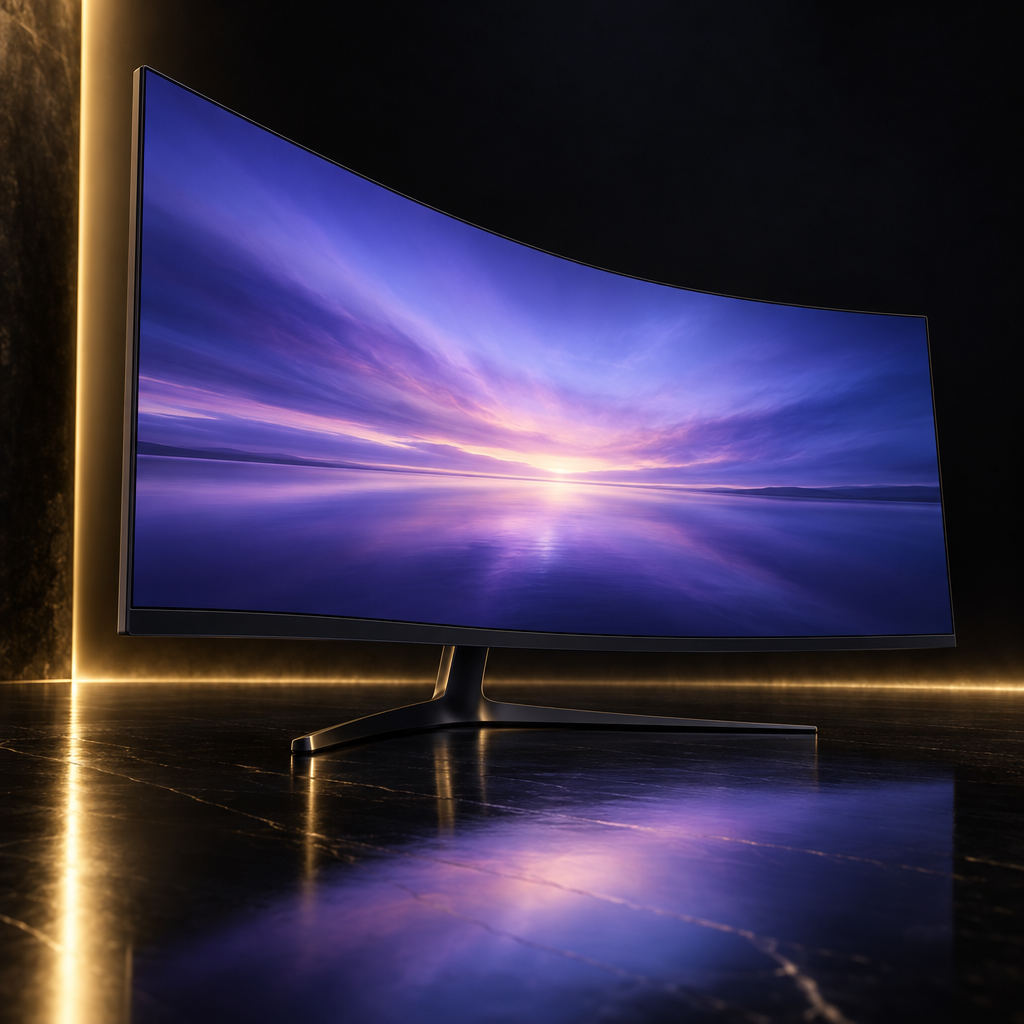 Curved screen gold horizon – luxury digital artwork for the Violet Edition 3 Months IPTV subscription