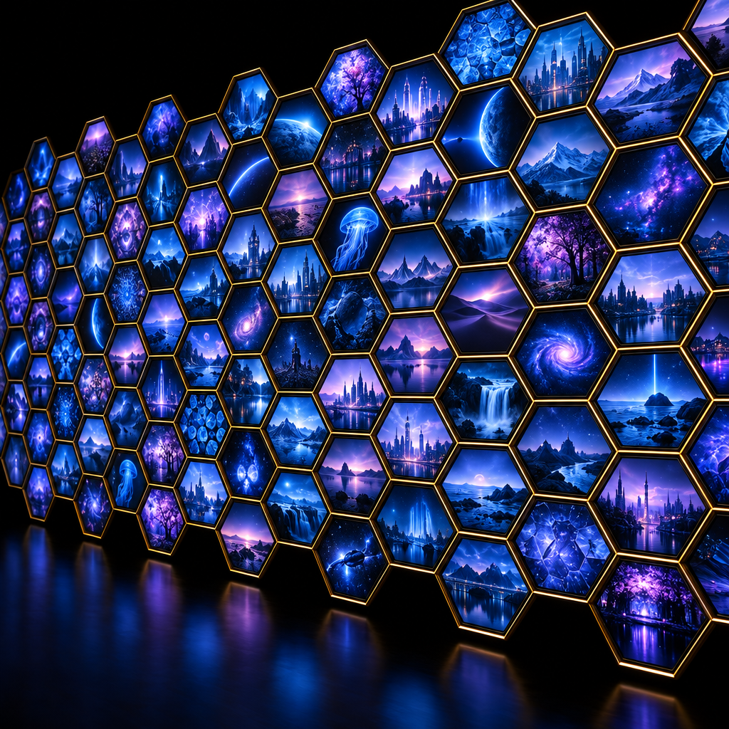 Hexagonal wall of glowing media tiles – luxury digital artwork for the Eclipse Essentials Plan 1 Month IPTV subscription