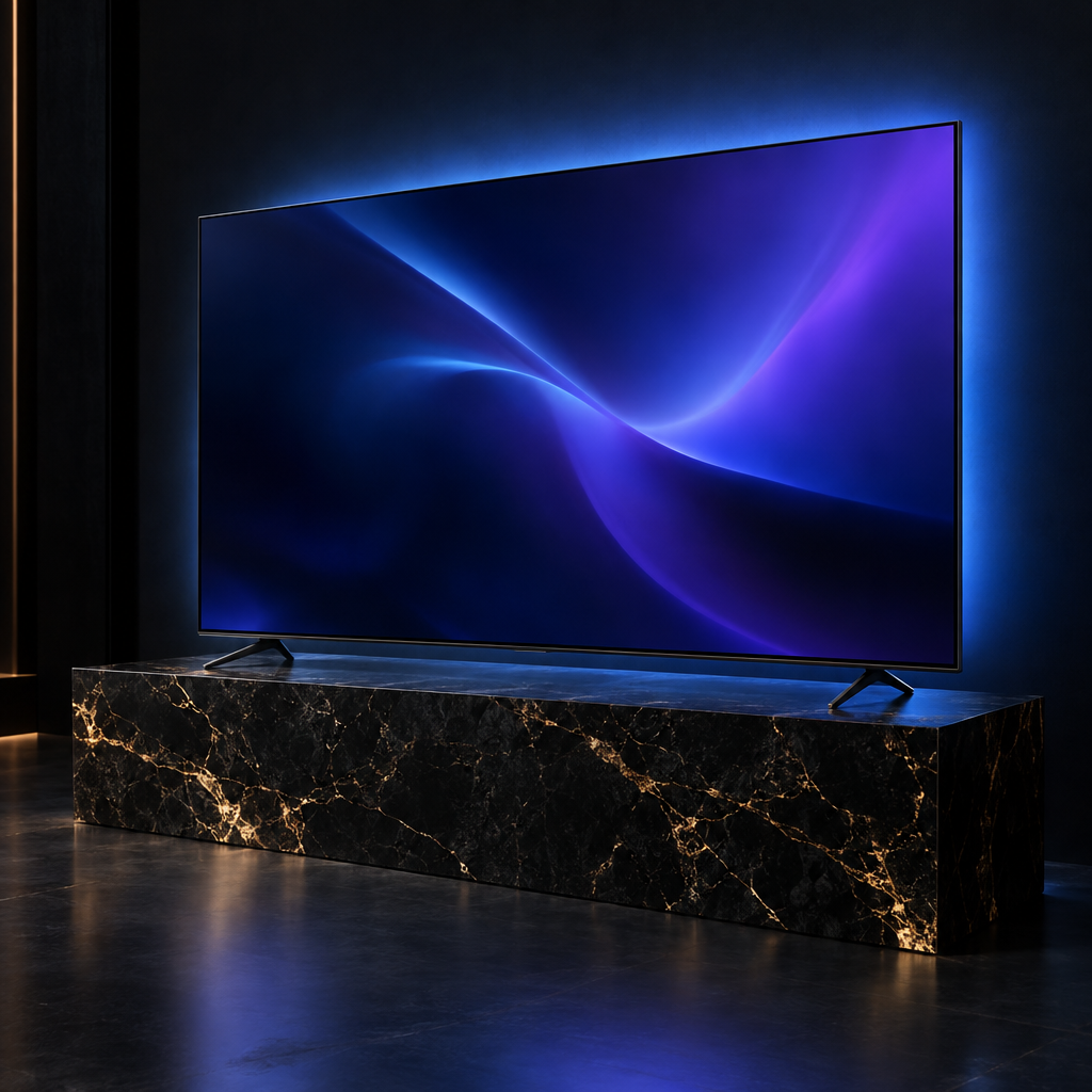 Tv on marble plinth – luxury digital artwork for the Amethyst Streaming Plan 3 Months IPTV subscription
