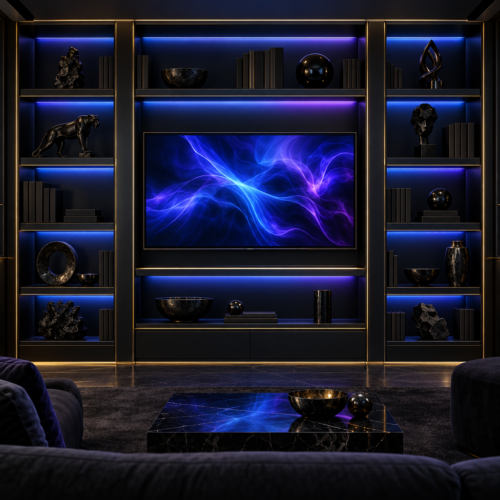 Neon bookshelf screen – luxury digital artwork for the Violet Spotlight Plan 1 Month IPTV subscription