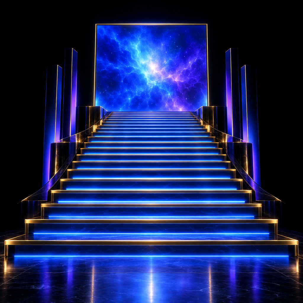 Neon staircase leading to a floating screen – luxury digital artwork for the Orbit Access Pass 12 Months IPTV subscription