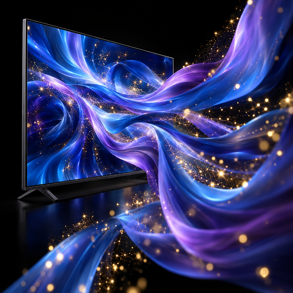 Light ribbons from screen – luxury digital artwork for the Prestige Signal Pass 1 Month IPTV subscription