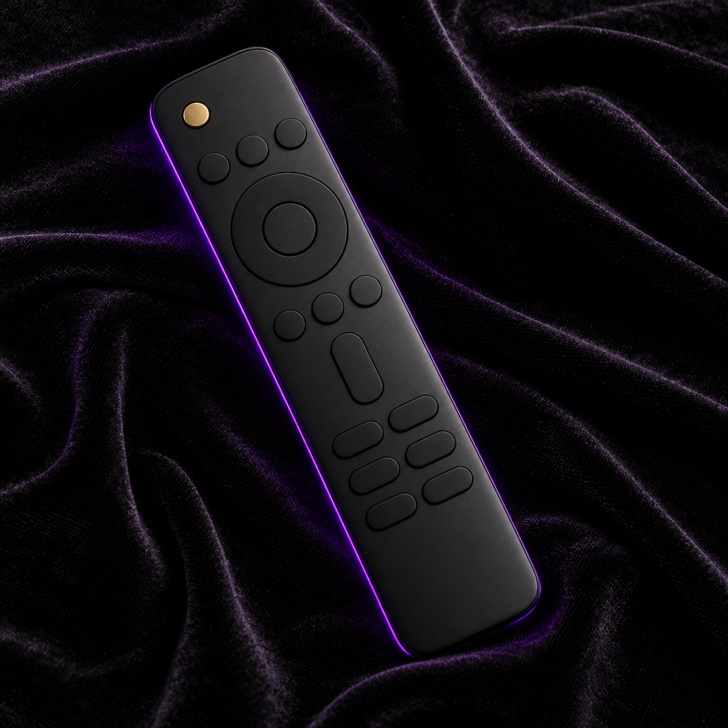 Remote on black velvet – luxury digital artwork for the Obsidian Theater Pass 12 Months IPTV subscription