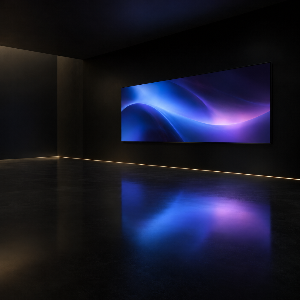Minimal black room single screen – luxury digital artwork for the Lumen Gateway Pass 12 Months IPTV subscription