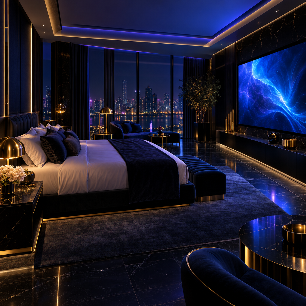 Night-time bedroom with wall screen – luxury digital artwork for the Cobalt Digital Pass 1 Month IPTV subscription