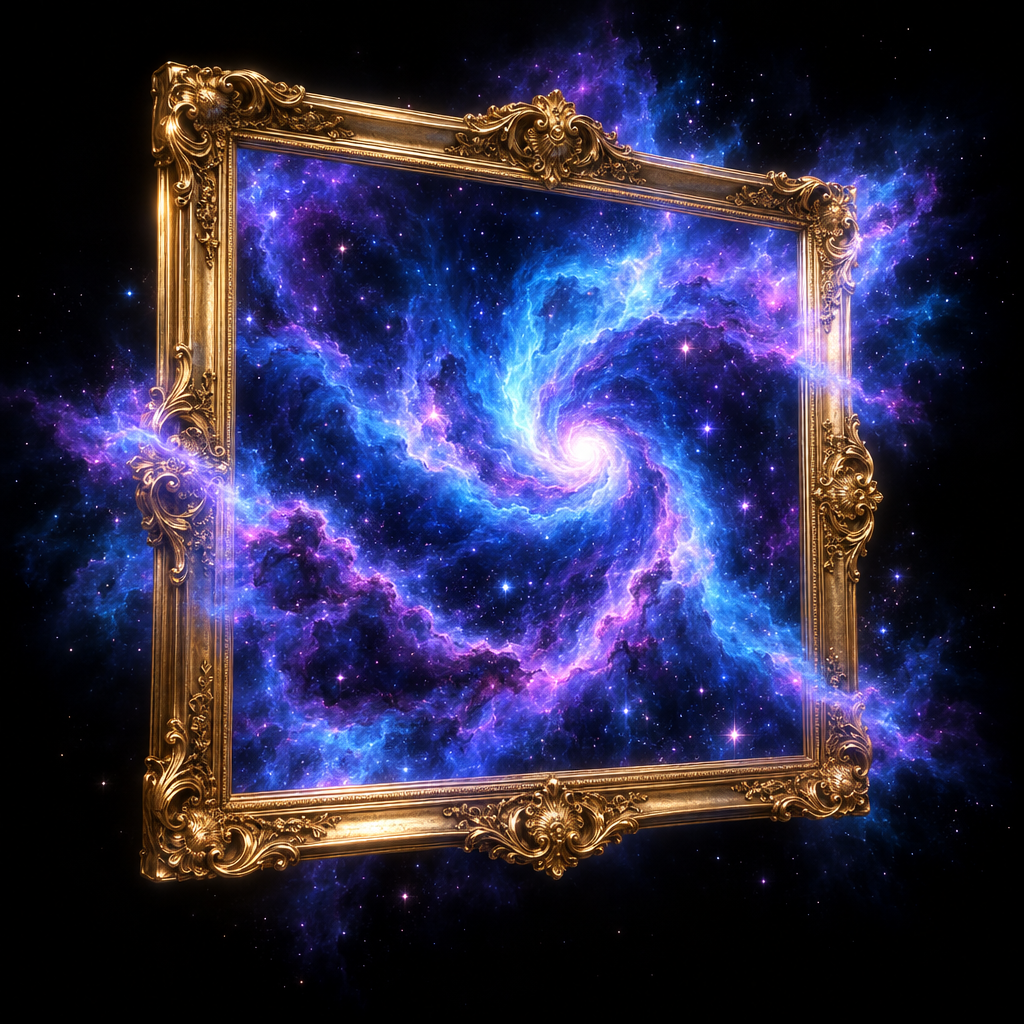 Gold frame neon nebula – luxury digital artwork for the Prism Media Pass 1 Month IPTV subscription