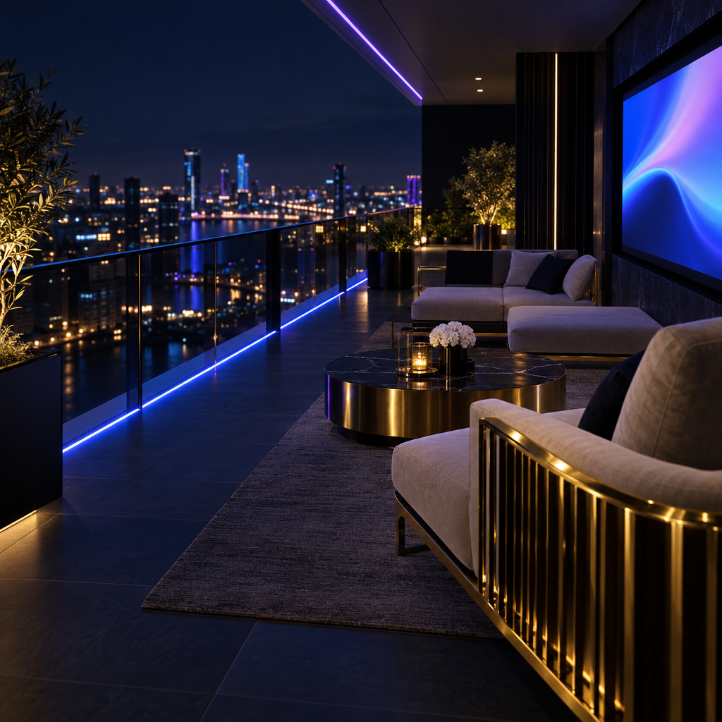 Neon balcony outdoor screen – luxury digital artwork for the Zenith Gateway Pass 12 Months IPTV subscription