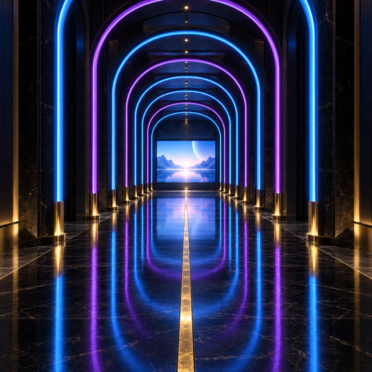 Neon arch corridor – luxury digital artwork for the Graphite Access Plan 12 Months IPTV subscription