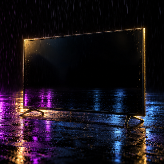 Large screen on a reflective black floor – luxury digital artwork for the Eclipse Stream Key 12 Months IPTV subscription