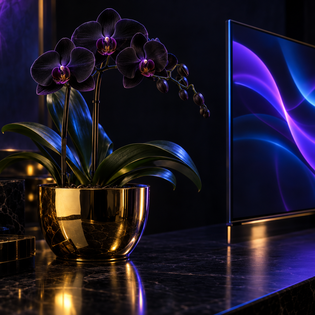 Black orchid screen – luxury digital artwork for the Gilded Home Plan 6 Months IPTV subscription
