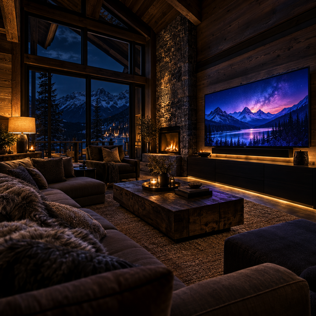 Fireside chalet lounge with wall screen – luxury digital artwork for the Crystal Screen Pass 3 Months IPTV subscription