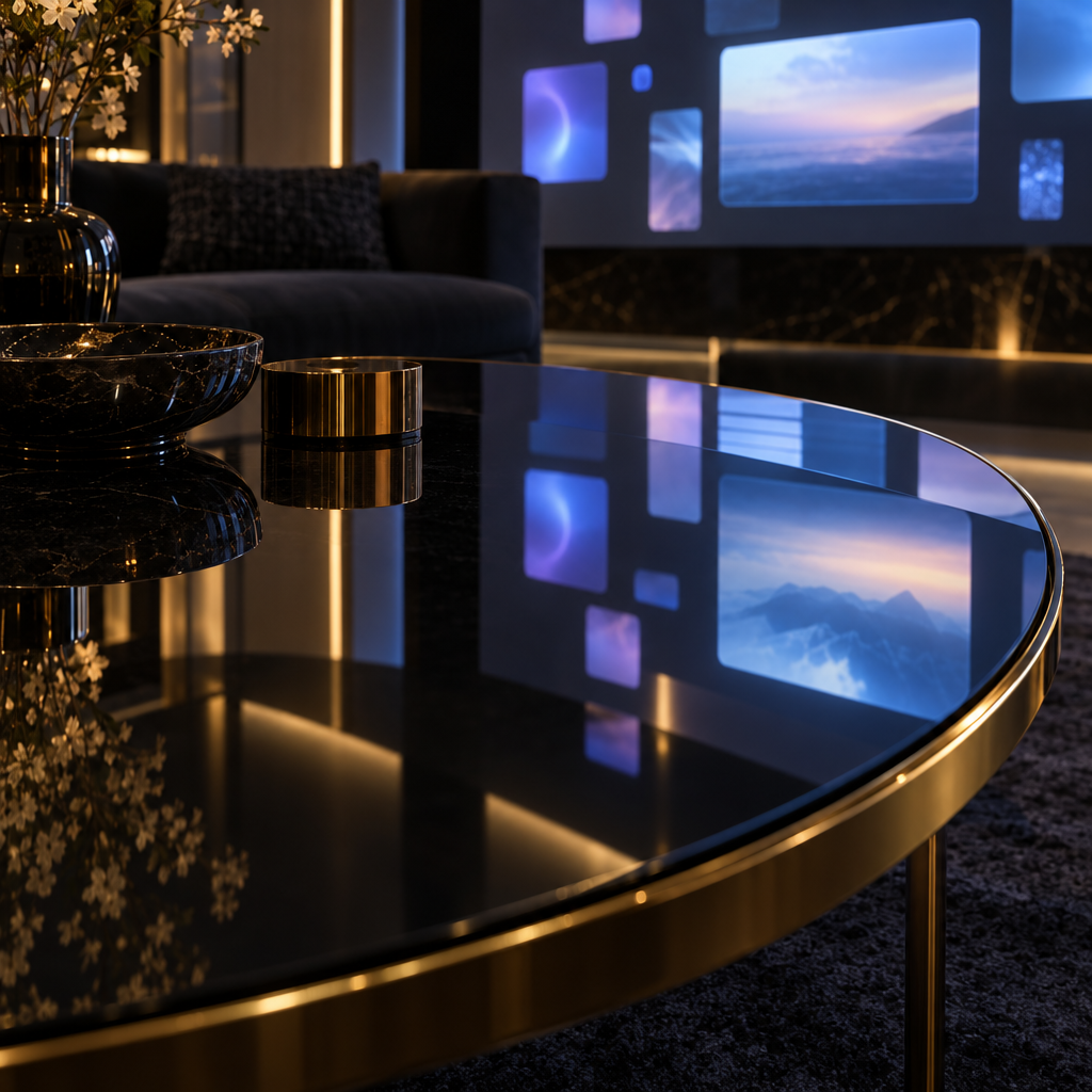 Glass table interface reflection – luxury digital artwork for the Noir Theater Pass 12 Months IPTV subscription