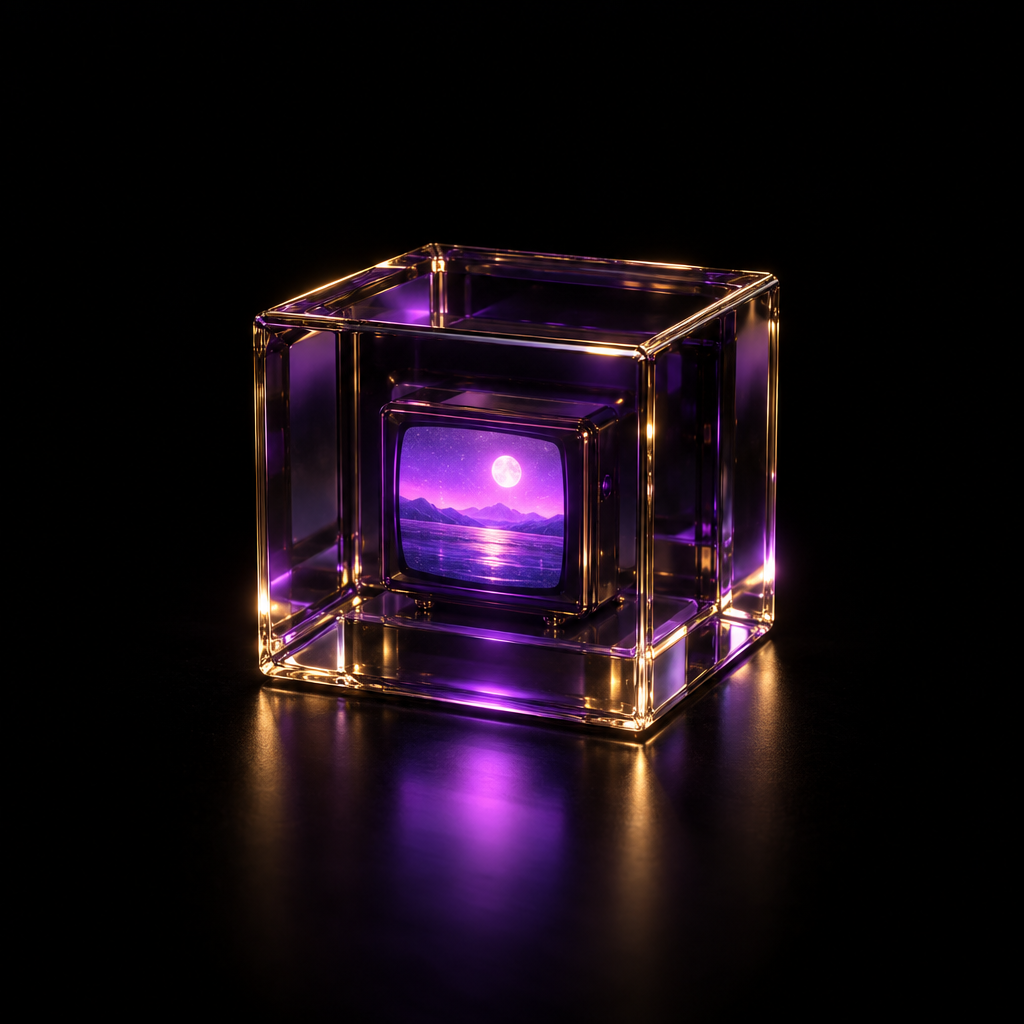 Glowing glass cube with violet light – luxury digital artwork for the Onyx Signal Pass 3 Months IPTV subscription
