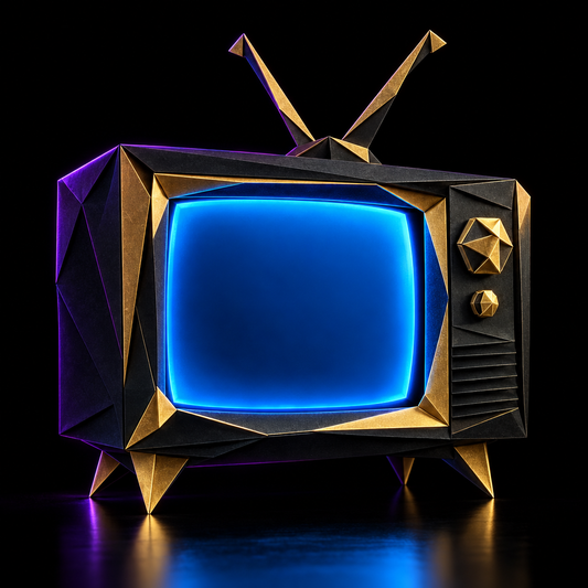 Retro television with gold antenna and blue glow – luxury digital artwork for the Prestige Screen Pass 1 Month IPTV subscription