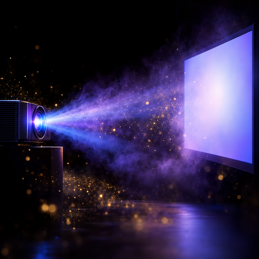 Projector beam lighting a floating screen – luxury digital artwork for the Sapphire Gateway Pass 12 Months IPTV subscription