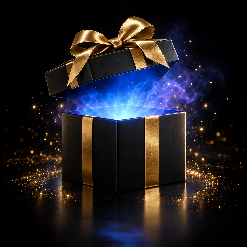 Gift box neon open – luxury digital artwork for the Onyx Classic Plan 12 Months IPTV subscription