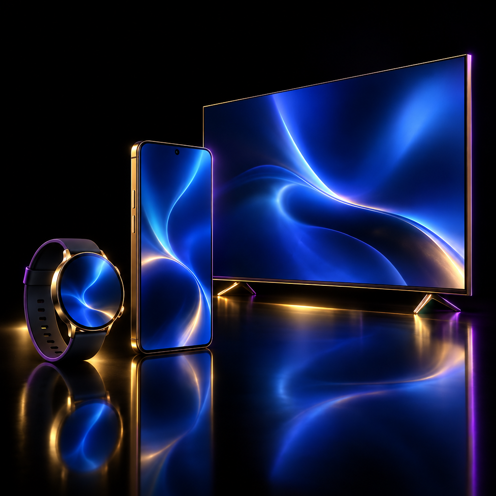Curved screen beside a glass sculpture – luxury digital artwork for the Zenith Living Room Plan 6 Months IPTV subscription