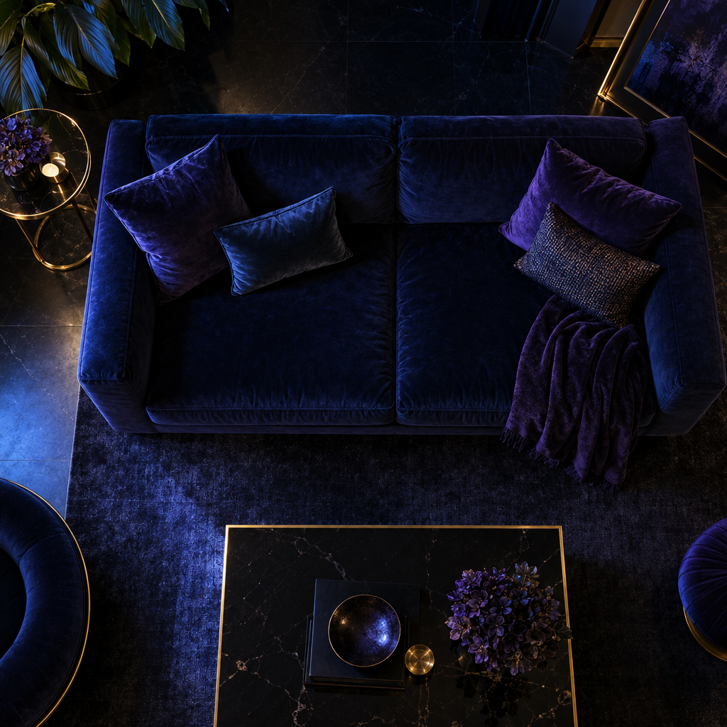 Velvet sofa top view – luxury digital artwork for the Prism Edition 1 Month IPTV subscription