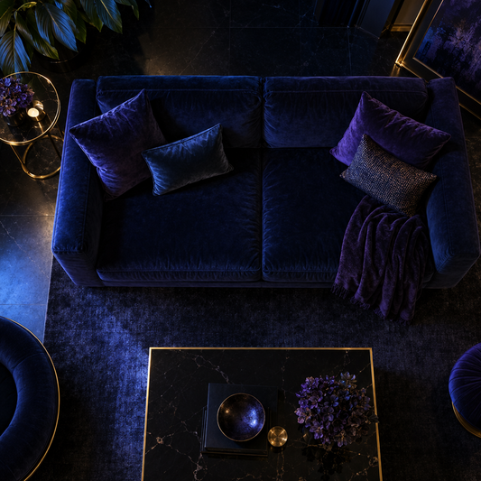 Velvet sofa top view – luxury digital artwork for the Violet Access Pass 6 Months IPTV subscription
