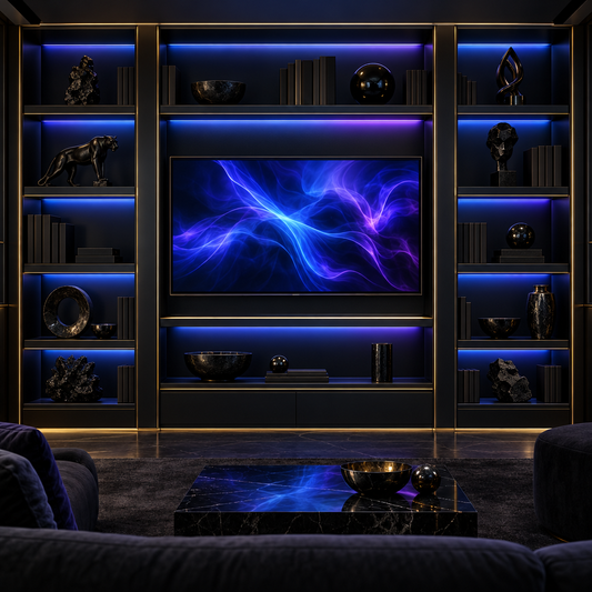 Neon bookshelf screen – luxury digital artwork for the Ember Gateway Pass 3 Months IPTV subscription