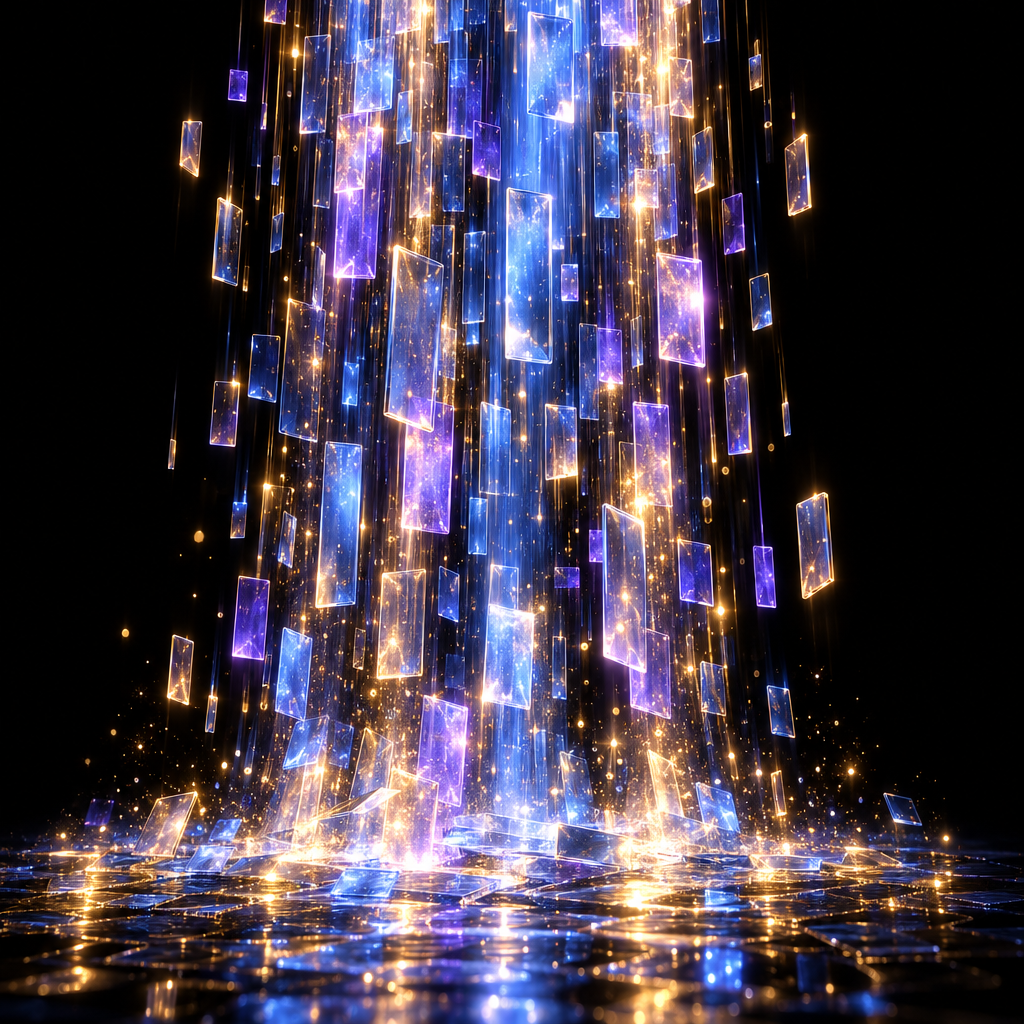 Cascade of floating media tiles – luxury digital artwork for the Midnight Companion Plan 12 Months IPTV subscription