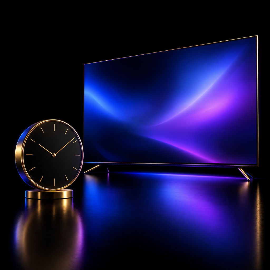 Gold clock beside screen – luxury digital artwork for the Royal Select Plan 3 Months IPTV subscription