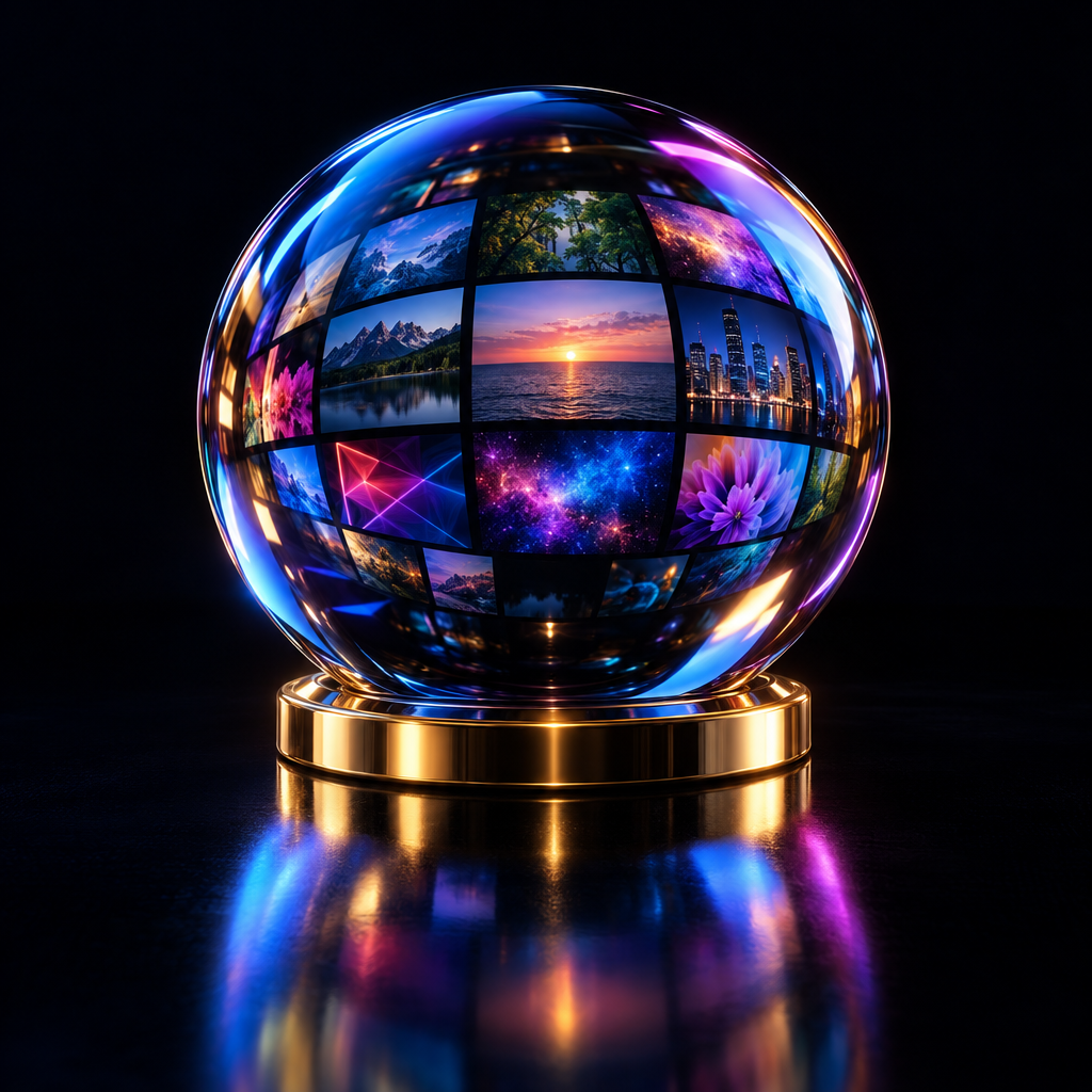Crystal media sphere on a gold stand – luxury digital artwork for the Indigo Home Plan 6 Months IPTV subscription