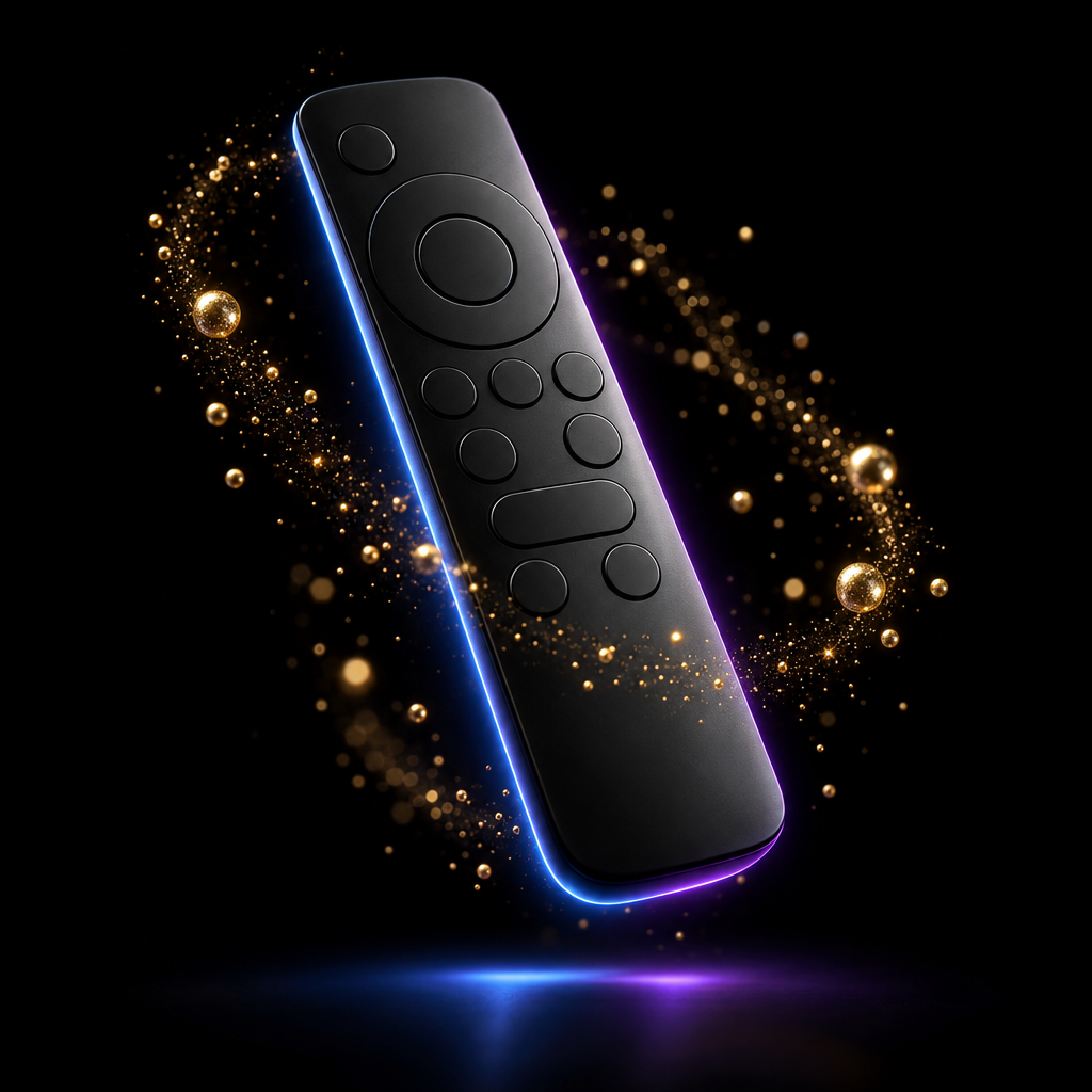 Remote control with gold light particles – luxury digital artwork for the Sapphire Entertainment Plan 6 Months IPTV subscription