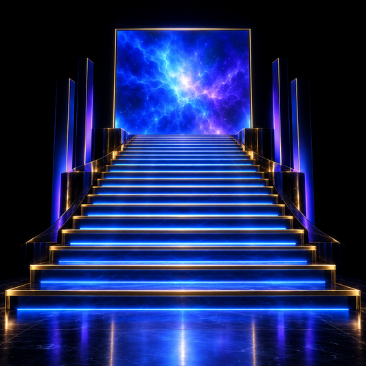 Neon staircase leading to a floating screen – luxury digital artwork for the Lumen Digital Pass 1 Month IPTV subscription