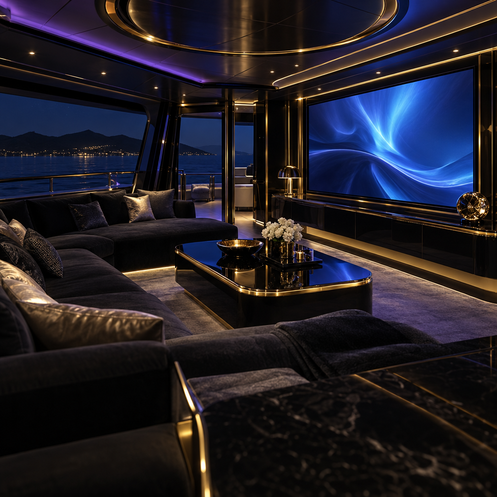 Penthouse lounge with neon wall screen – luxury digital artwork for the Cobalt Collection 6 Months IPTV subscription