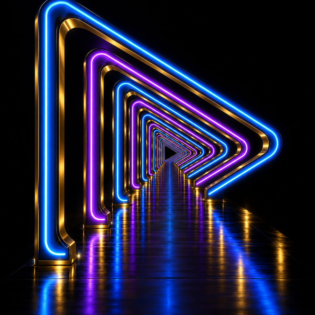 Neon play icon tunnel – luxury digital artwork for the Horizon Media Pass 12 Months IPTV subscription
