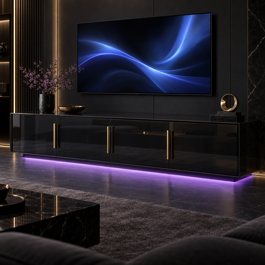Dark glass console – luxury digital artwork for the Carbon Theater Pass 12 Months IPTV subscription