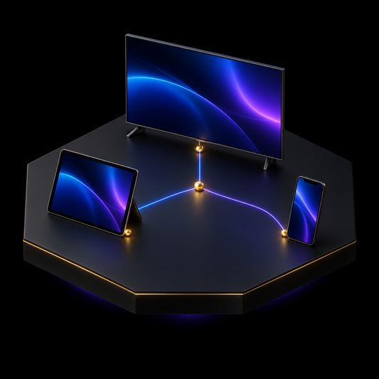 Isometric media hub – luxury digital artwork for the Obsidian Living Room Plan 1 Month IPTV subscription