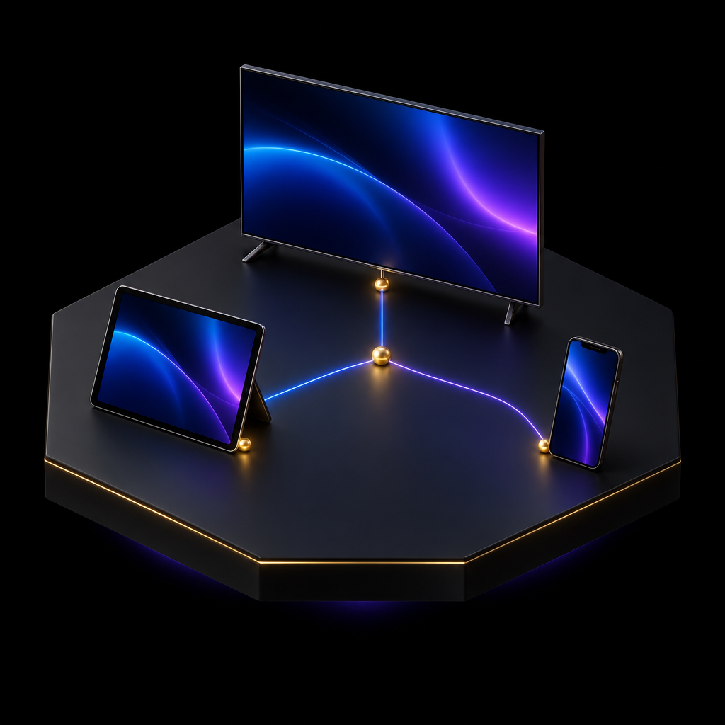 Isometric media hub – luxury digital artwork for the Signature Stream Key 3 Months IPTV subscription